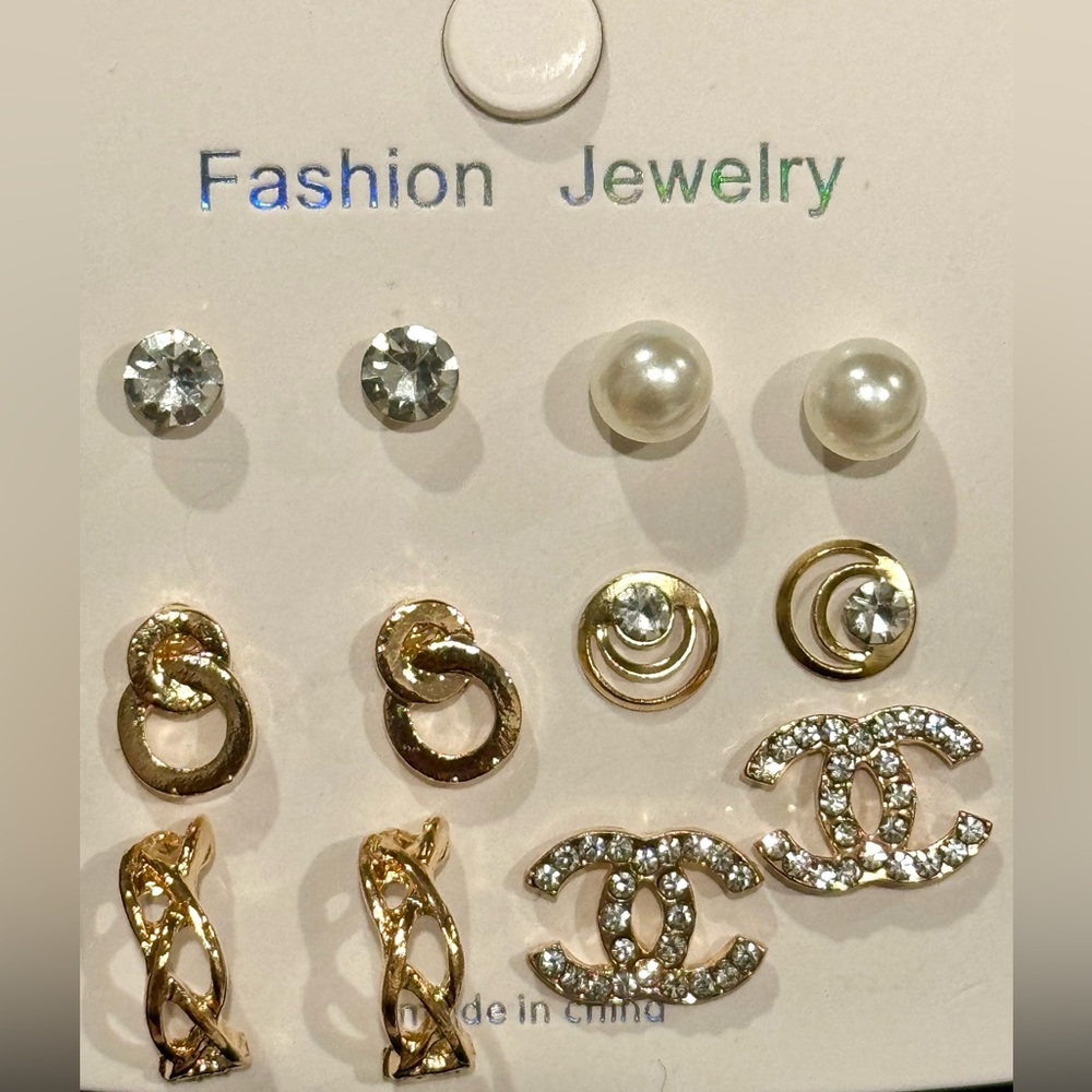 Variety 6-Pair Earring Set - Rhinestone, Pearl, Gold Tone